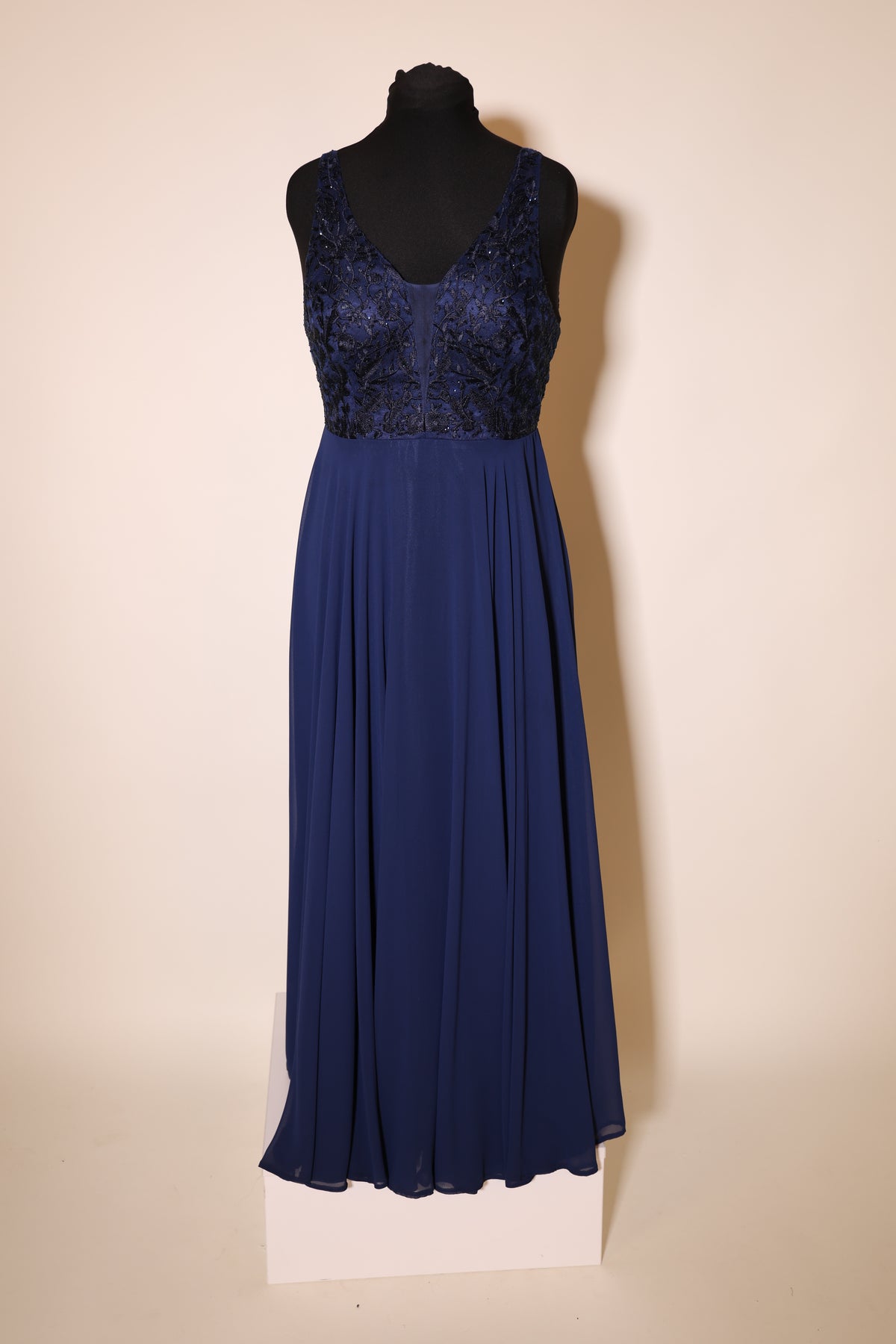 Second Hand Langes Kleid mit floraler Spitze, dunkelblau