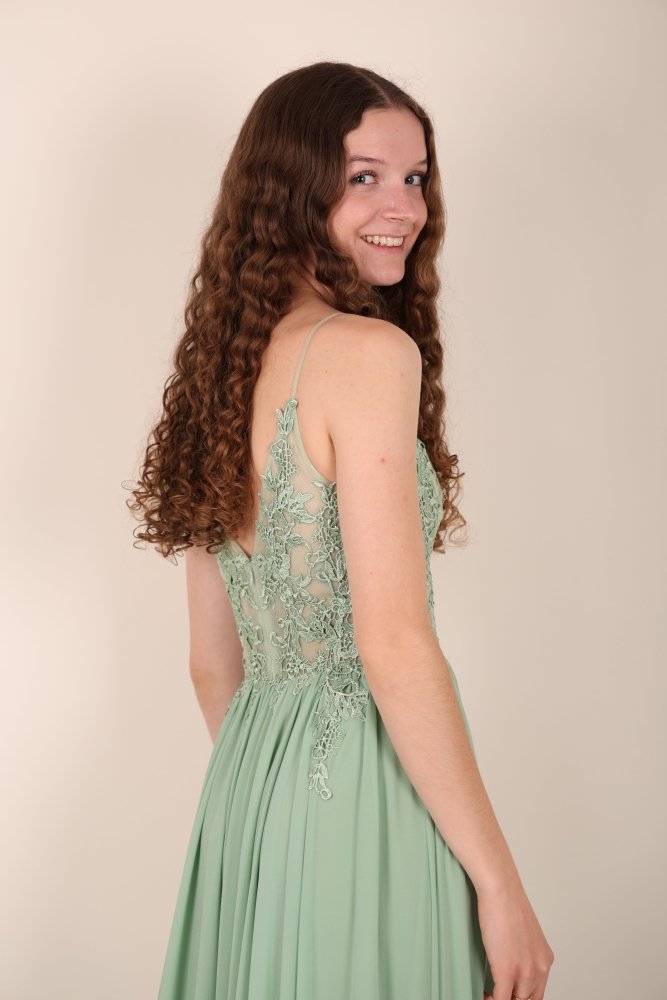 Ballkleid – elegantes langes Chiffonkleid mit feiner Spitze, hellgrün - Dein Kleiderladen
