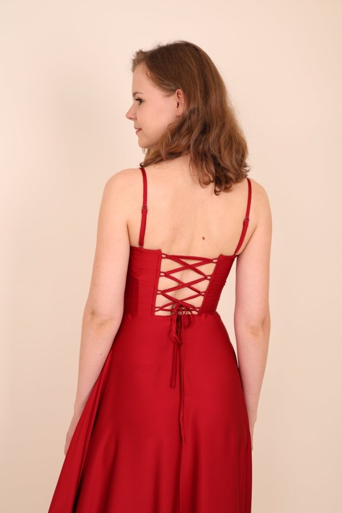Ballkleid aus Satin mit Corsage & Schnürung, bordeaux - Dein Kleiderladen