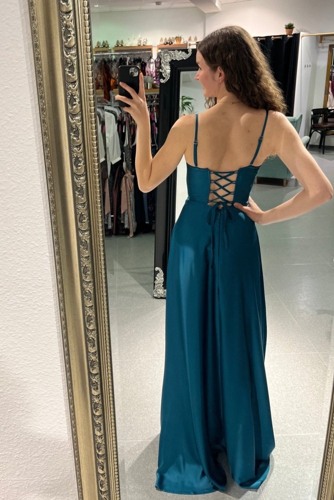 Ballkleid aus Satin mit Corsage & Schnürung, petrol - Dein Kleiderladen