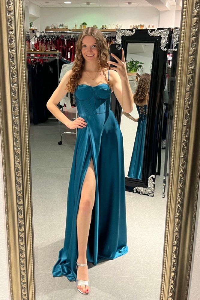 Ballkleid aus Satin mit Corsage & Schnürung, petrol - Dein Kleiderladen
