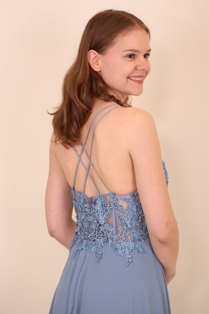 Ballkleid mit besticktem Korsett & Schlitz, graublau - Dein Kleiderladen