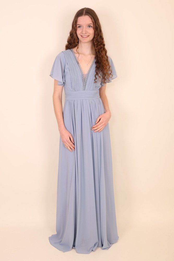 Abendkleid mit kurzen Ärmeln, V - Ausschnitt & Spitze, hellblau - Dein Kleiderladen