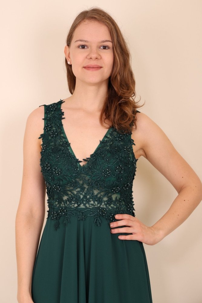 Abendkleid mit Rundrückenausschnitt, Spitze & Schlitz, dunkelgrün - Dein Kleiderladen