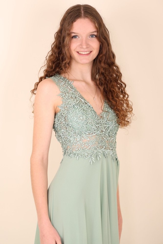 Abendkleid mit Rundrückenausschnitt, Spitze & Schlitz, mint - Dein Kleiderladen