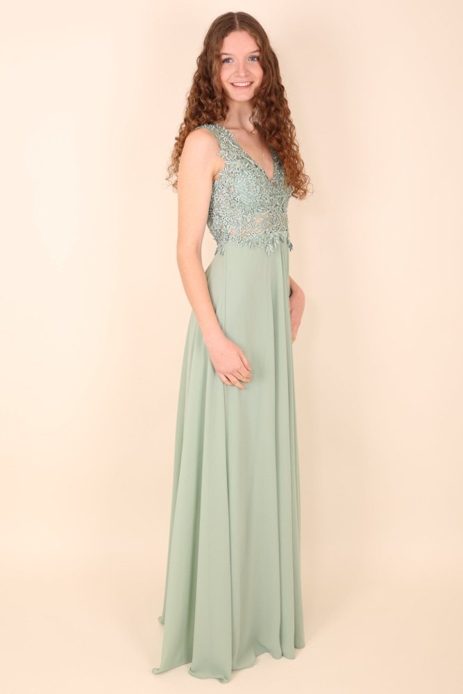 Abendkleid mit Rundrückenausschnitt, Spitze & Schlitz, mint - Dein Kleiderladen