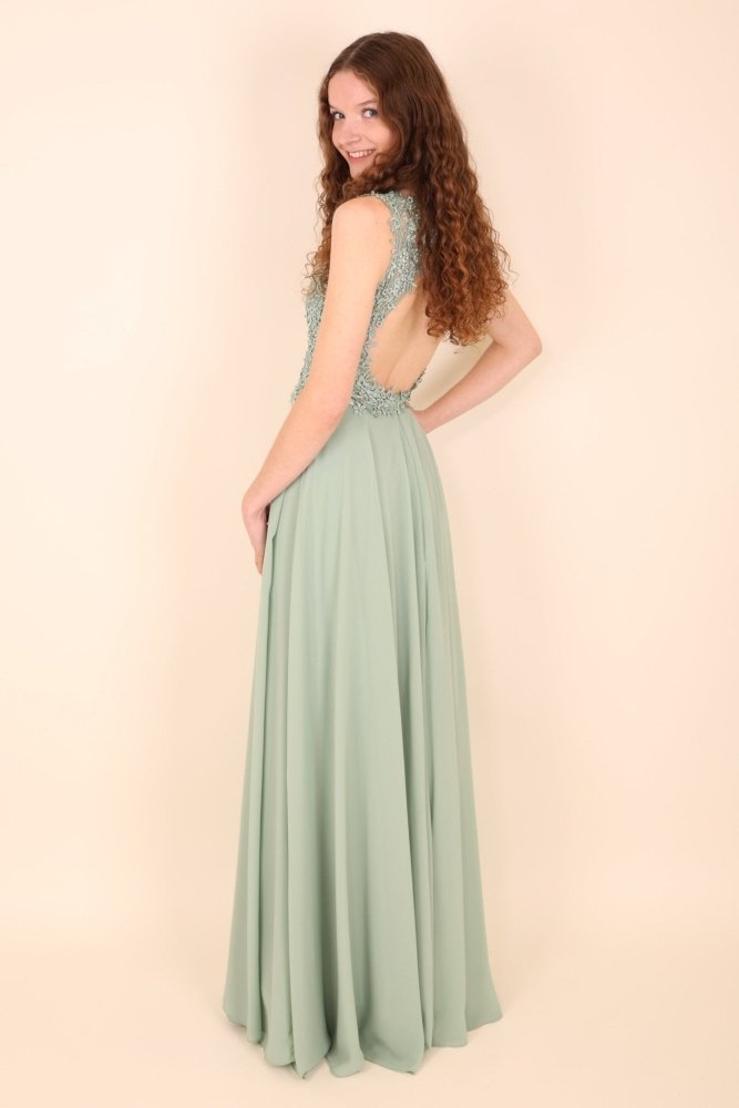 Abendkleid mit Rundrückenausschnitt, Spitze & Schlitz, mint - Dein Kleiderladen