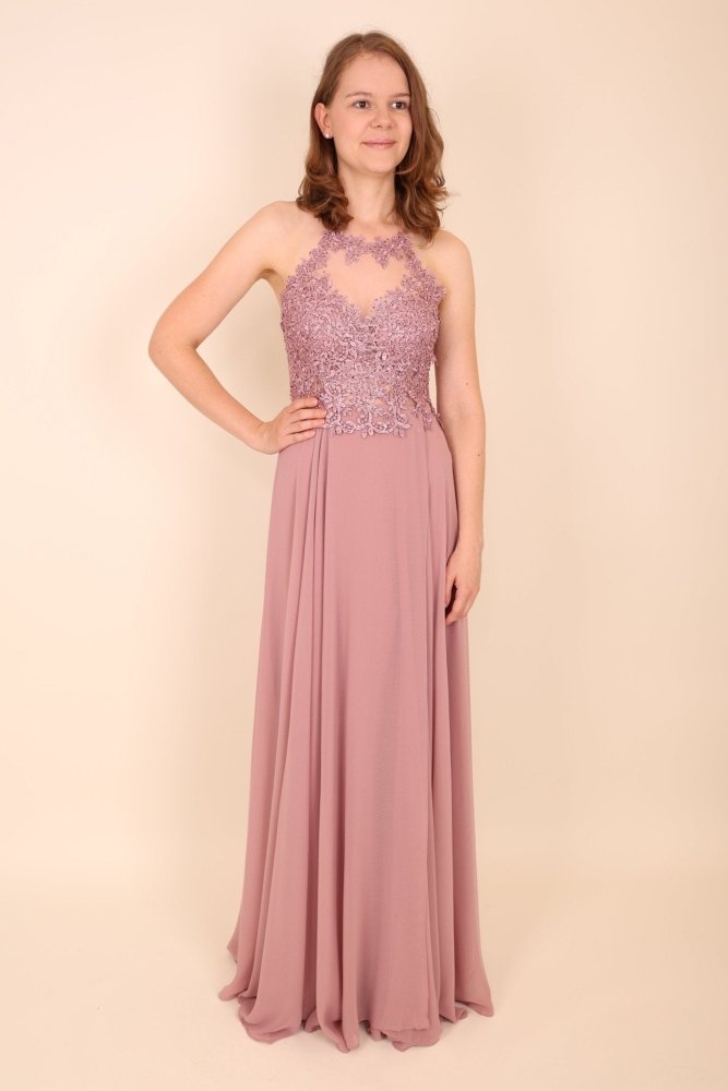 Abendkleid mit Spitzenoberteil, Neckholder & Schlitz, altrosa - Dein Kleiderladen