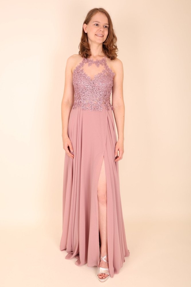 Abendkleid mit Spitzenoberteil, Neckholder & Schlitz, altrosa - Dein Kleiderladen