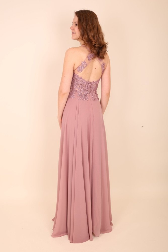 Abendkleid mit Spitzenoberteil, Neckholder & Schlitz, altrosa - Dein Kleiderladen