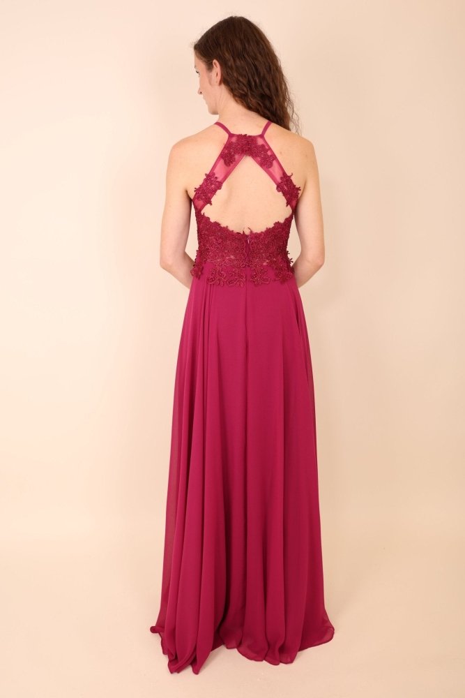 Abendkleid mit Spitzenoberteil, Neckholder & Schlitz, pink - Dein Kleiderladen