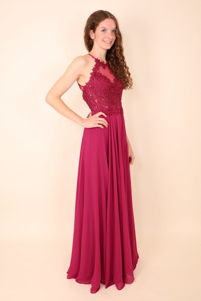 Abendkleid mit Spitzenoberteil, Neckholder & Schlitz, pink - Dein Kleiderladen