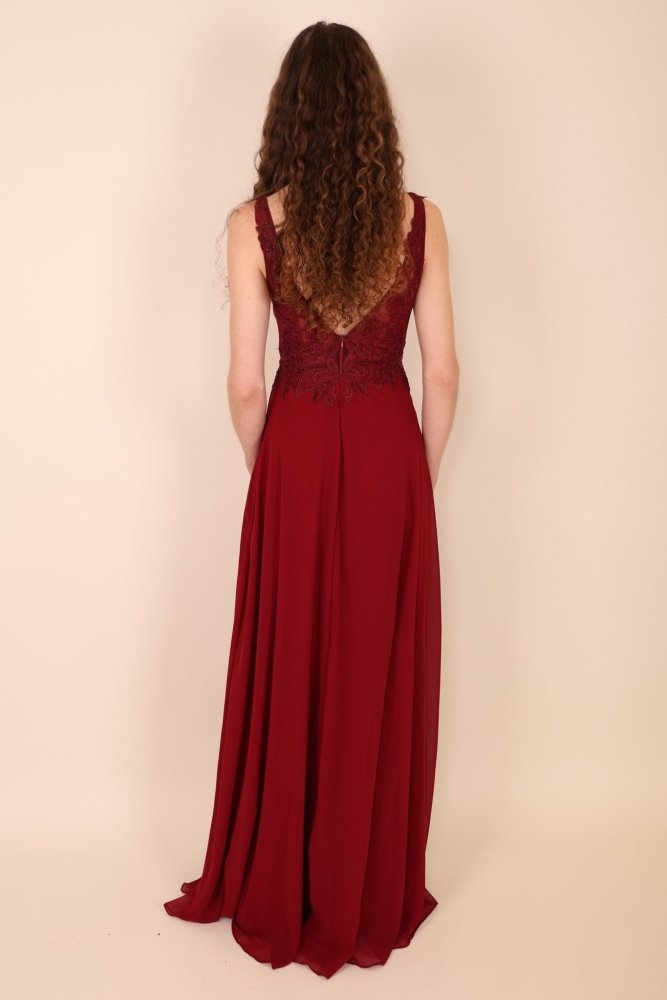 Abendkleid mit Spitzenoberteil, V - Ausschnitt & Schlitz, dunkelrot - Dein Kleiderladen