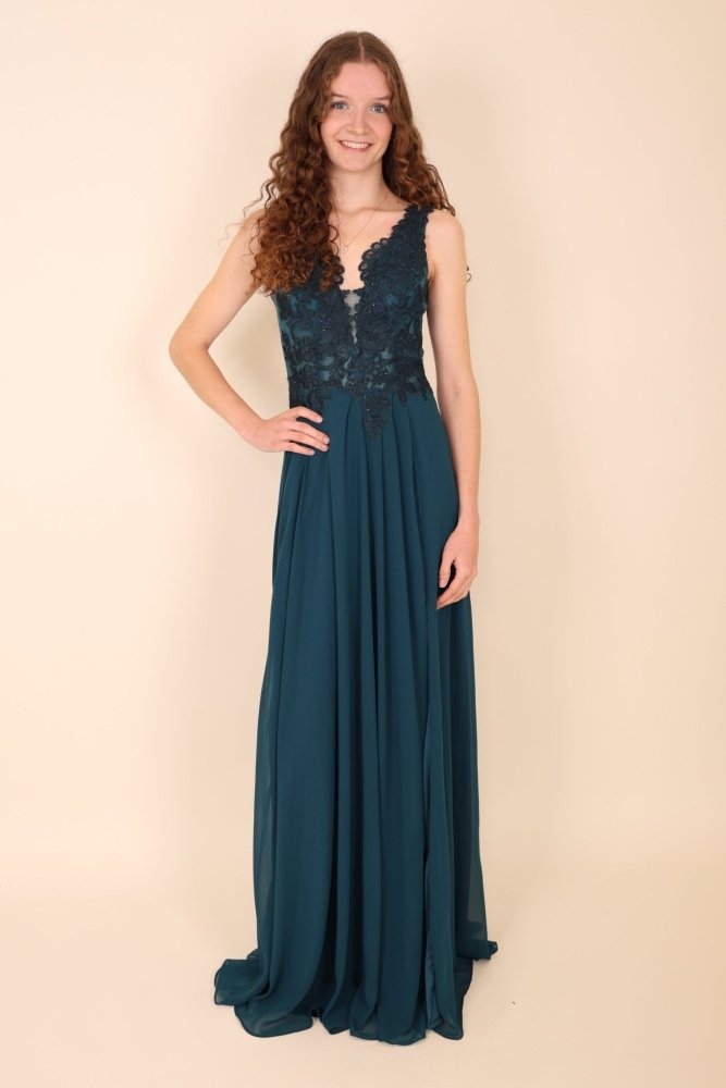 Abendkleid mit Spitzenoberteil, V - Ausschnitt & Schlitz, petrol - Dein Kleiderladen