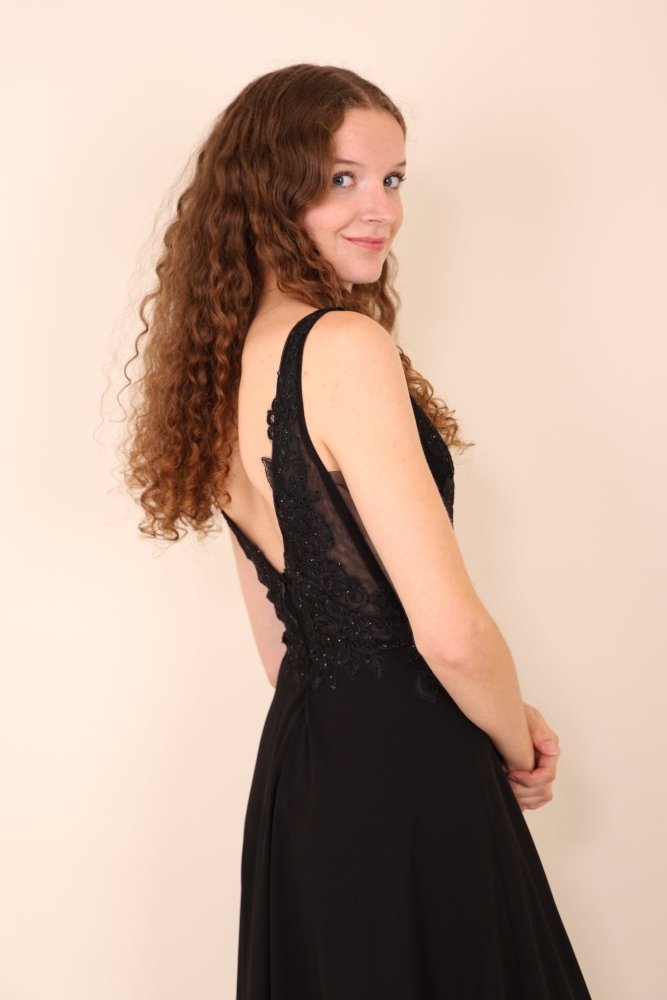 Abendkleid mit Spitzenoberteil, V - Ausschnitt & Schlitz, schwarz - Dein Kleiderladen