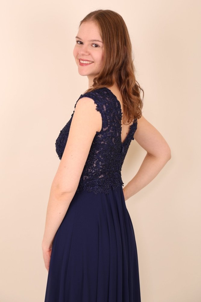 Ballkleid mit breiten Trägern und funkelnder Spitze, marineblau - Dein Kleiderladen