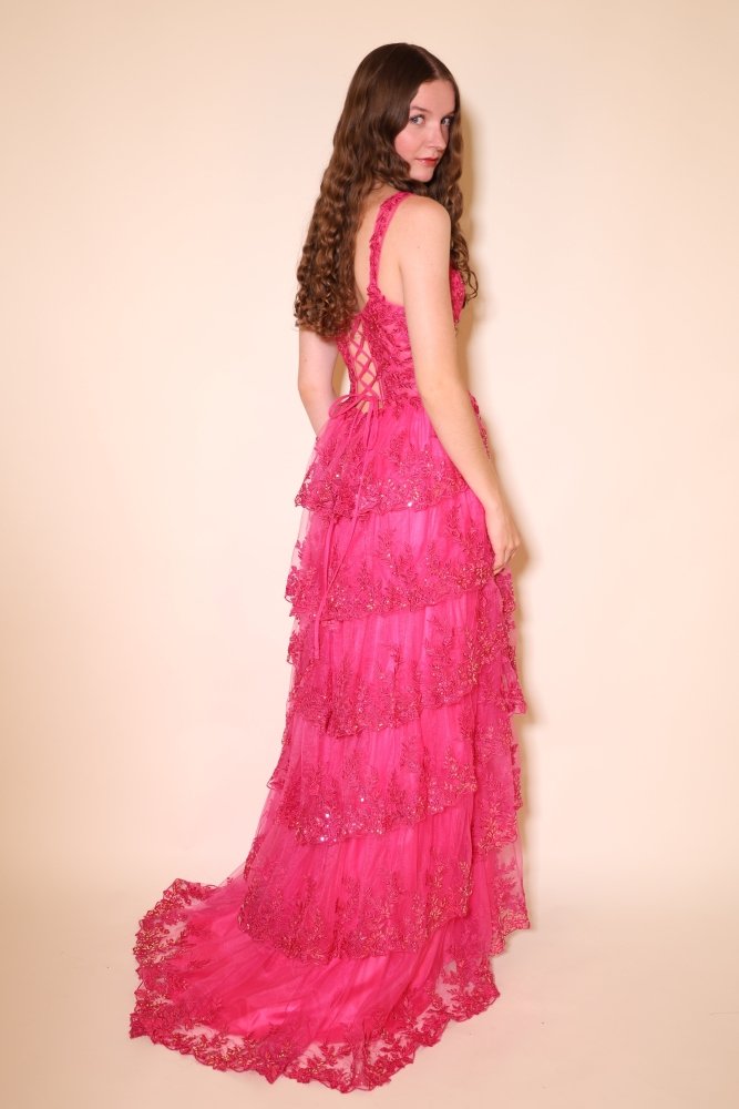 Ballkleid mit Spitzen-Corsage, Stufenrock und Beinschlitz, pink - Dein Kleiderladen