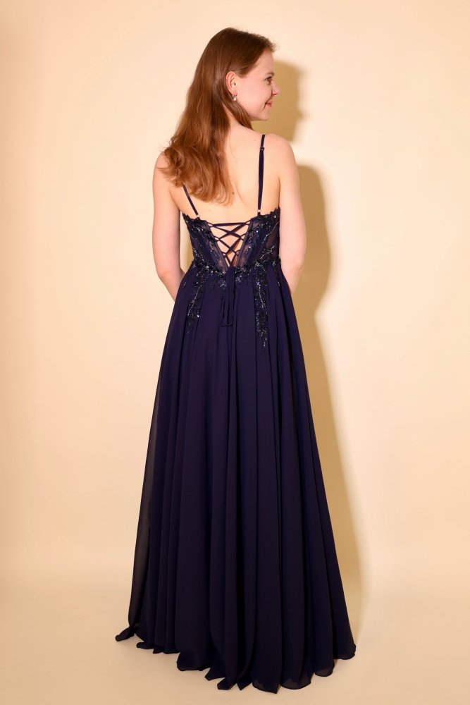 Chiffon Abendkleid floral bestickter Corsage, Rückenschnürung und Beinschlitz, dunkelblau - Dein Kleiderladen