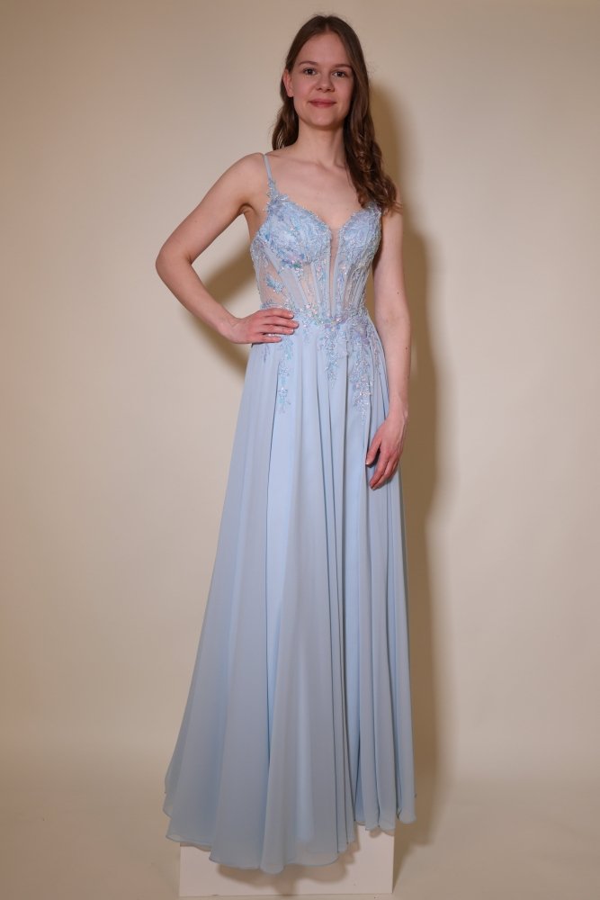 Chiffon Abendkleid floral bestickter Corsage, Rückenschnürung und Beinschlitz, hellblau - Dein Kleiderladen