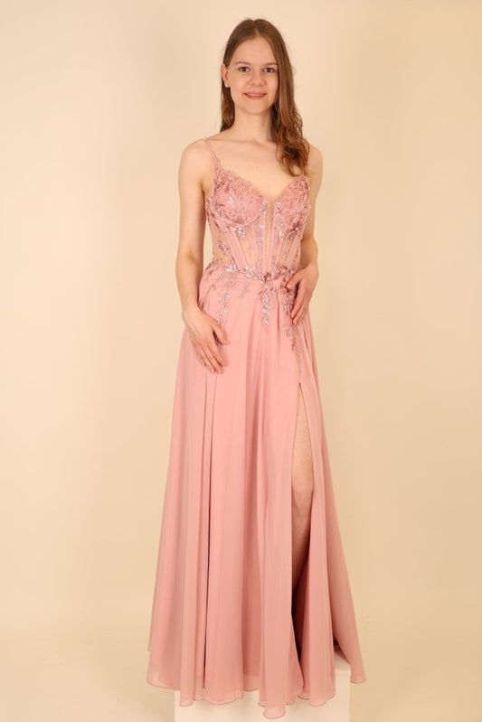 Chiffon Abendkleid floral bestickter Corsage, Rückenschnürung und Beinschlitz, rosa - Dein Kleiderladen