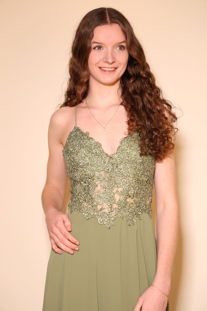 Chiffon Abendkleid mit floraler Spitzenoberteil, Schnürung & Schlitz, oliv - Dein Kleiderladen