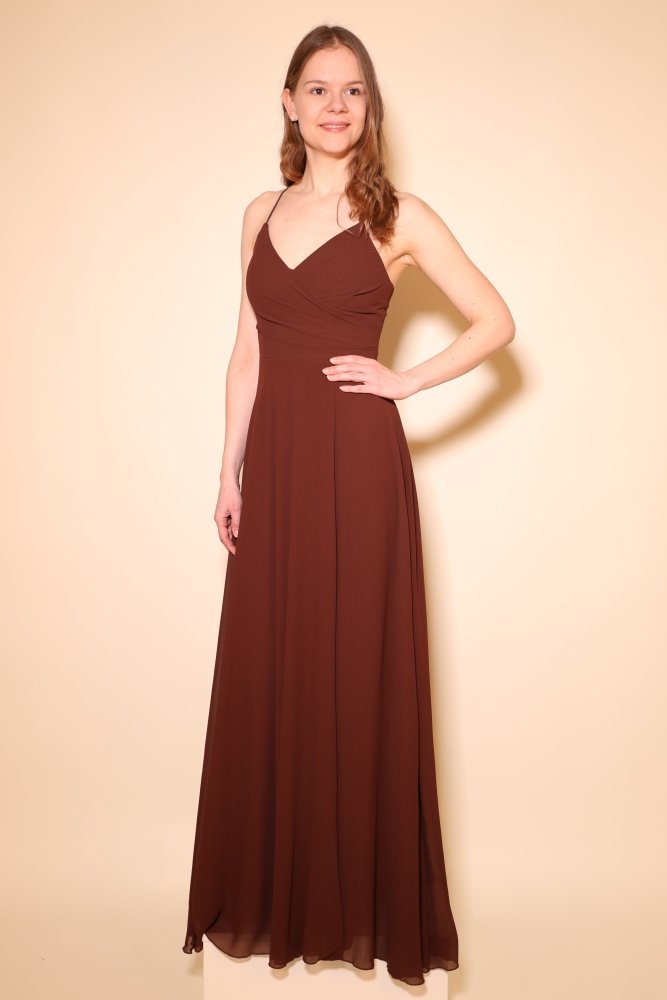 Chiffonkleid mit Schnürung, hohem Beinschlitz und Raffungen, braun - Dein Kleiderladen