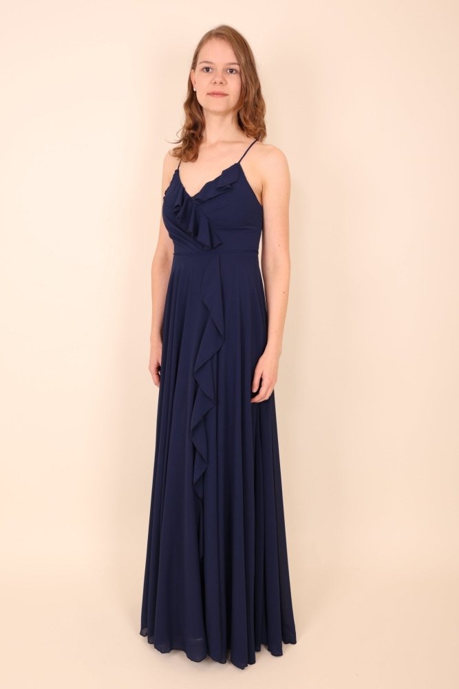 Festliches Volantkleid mit Schnürung und Schlitz, dunkelblau - Dein Kleiderladen