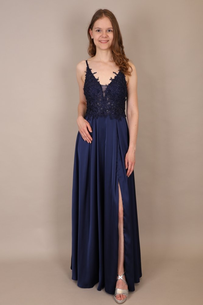 langes Abendkleid mit Spitze, Schnürung & Satinrock, dunkelblau - Dein Kleiderladen