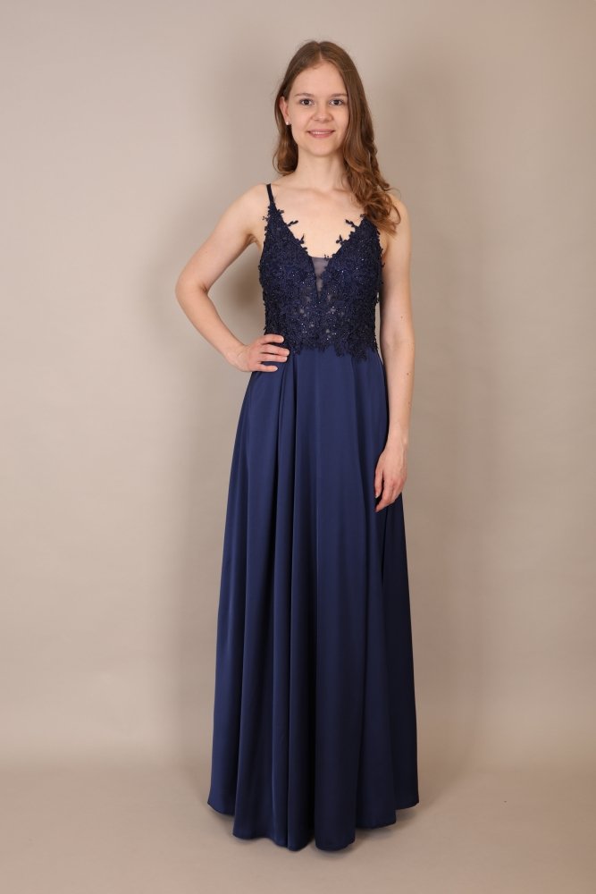 langes Abendkleid mit Spitze, Schnürung & Satinrock, dunkelblau - Dein Kleiderladen