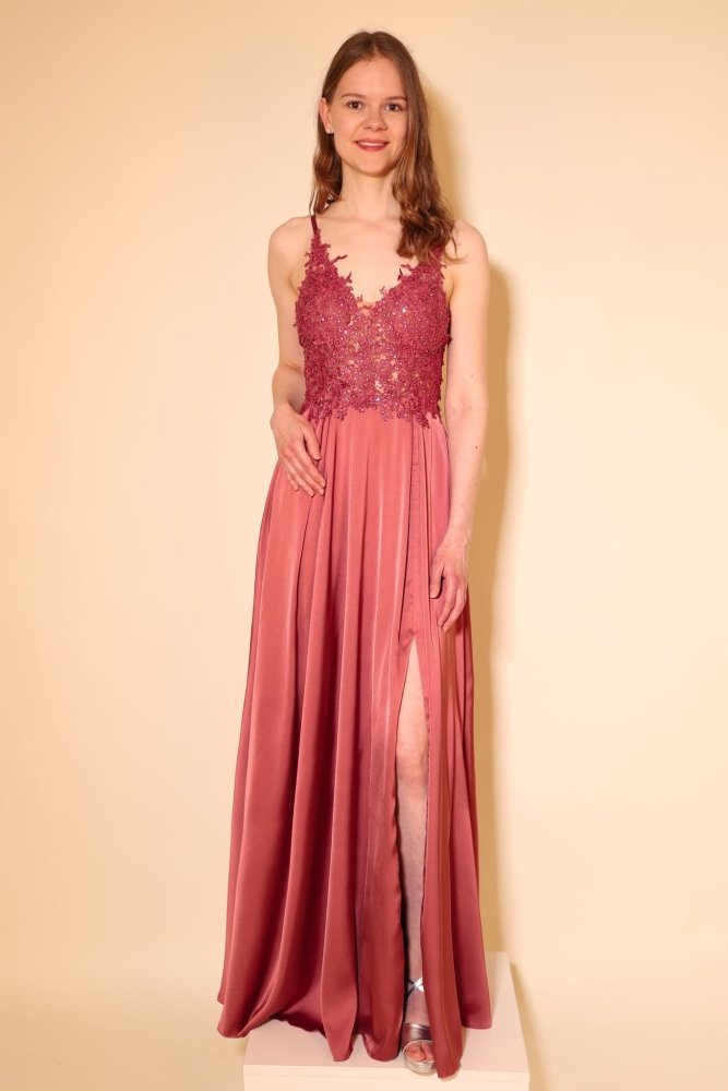langes Abendkleid mit Spitze, Schnürung & Satinrock, rosenholz - Dein Kleiderladen
