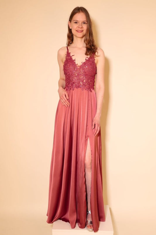 langes Abendkleid mit Spitze, Schnürung & Satinrock, rosenholz - Dein Kleiderladen