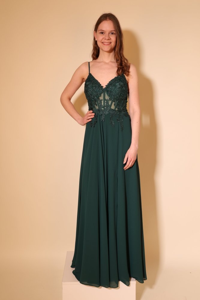 Langes Chiffon - Abendkleid mit Spitzen - Corsage & Schlitz, dunkelgrün - Dein Kleiderladen