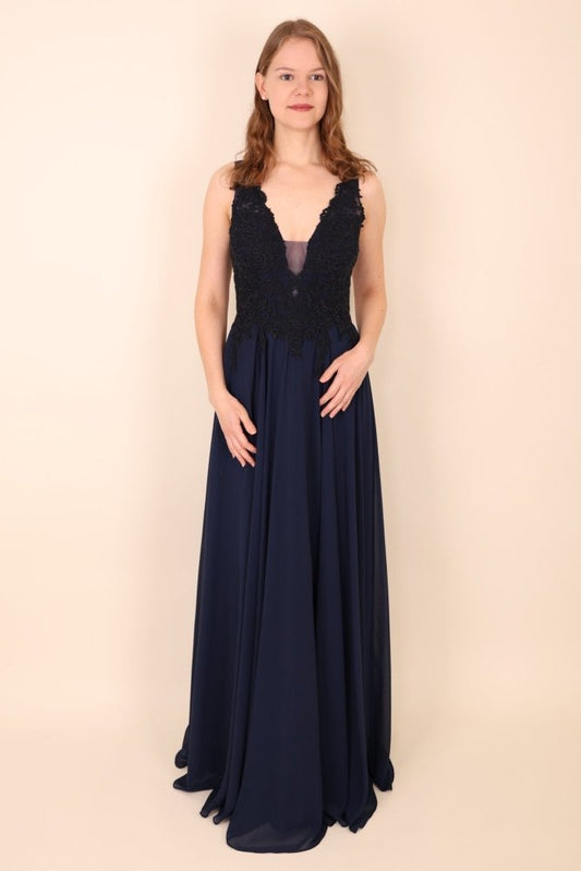 Langes Kleid mit feiner Spitze und tiefem Rückenausschnitt, marineblau - Dein Kleiderladen