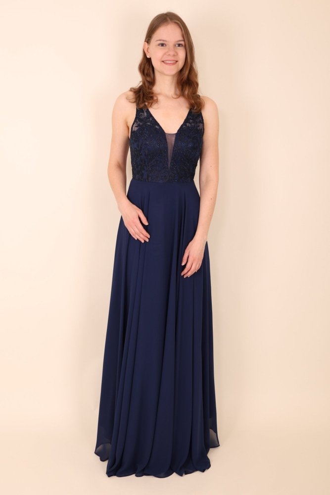 Langes Kleid mit floraler Spitze, dunkelblau - Dein Kleiderladen