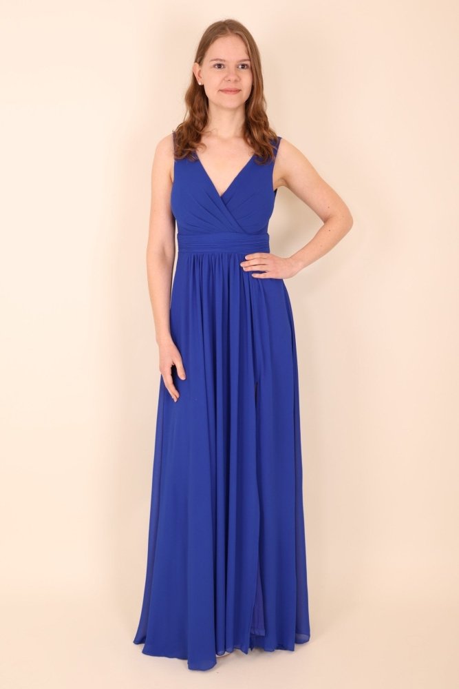 Langes schlichtes Kleid mit Schlitz, königsblau - Dein Kleiderladen