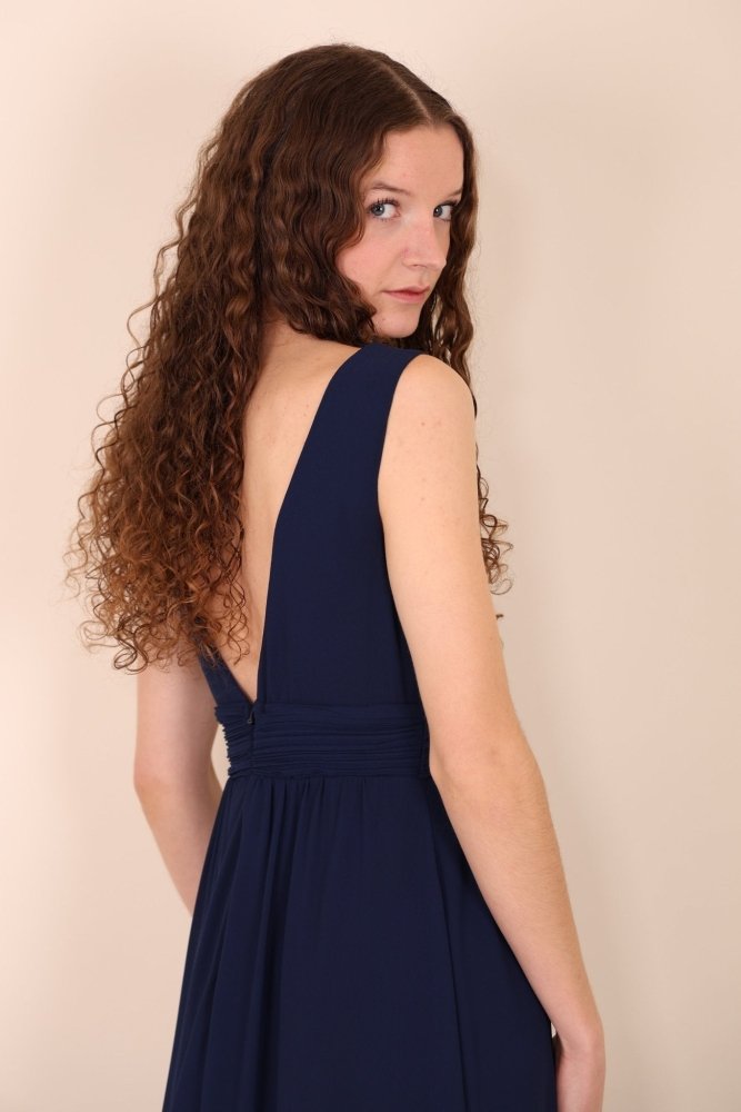 Langes schlichtes Kleid mit Schlitz, marineblau - Dein Kleiderladen