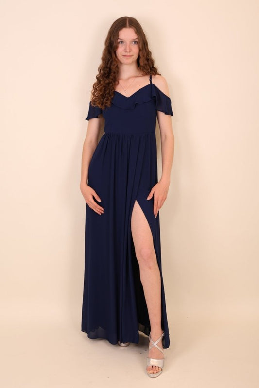 Off - Shoulder Abendkleid mit Beinschlitz, dunkelblau - Dein Kleiderladen