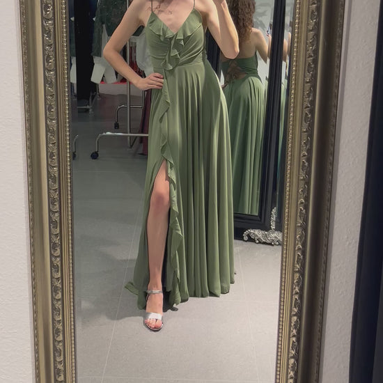 Festliches Volantkleid mit Schnürung und Schlitz, oliv - Dein Kleiderladen