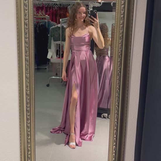 Ballkleid - Satin mit Schnürung, Schlitz und Wasserfallausschnitt, rosa - Dein Kleiderladen