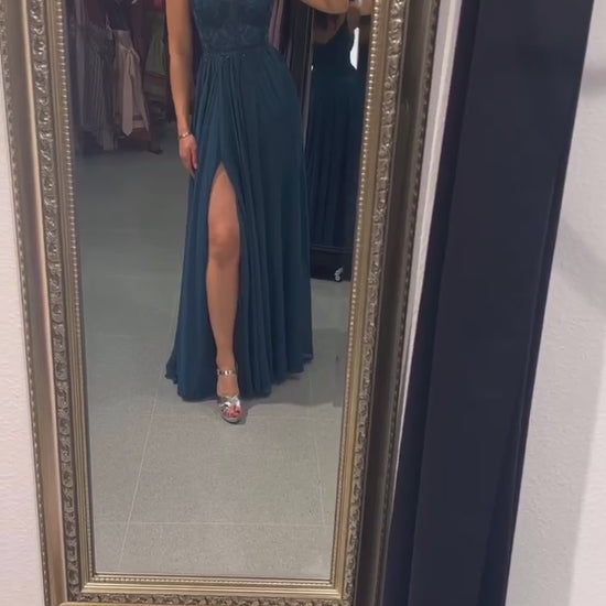 Ballkleid – elegantes langes Chiffonkleid mit feiner Spitze, petrol - Dein Kleiderladen
