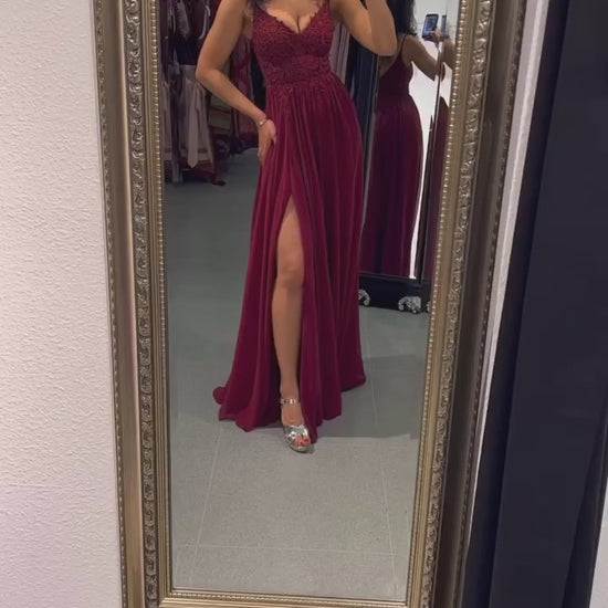 Ballkleid – elegantes langes Chiffonkleid mit feiner Spitze, bordeaux - Dein Kleiderladen