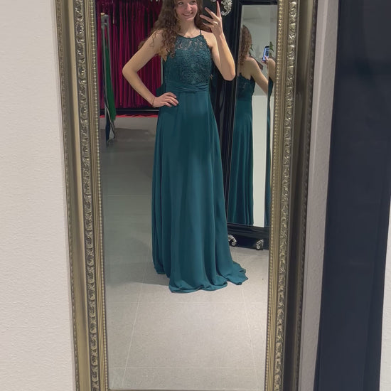 hochgeschlossenes Abendkleid mit Spitze, petrol - Dein Kleiderladen