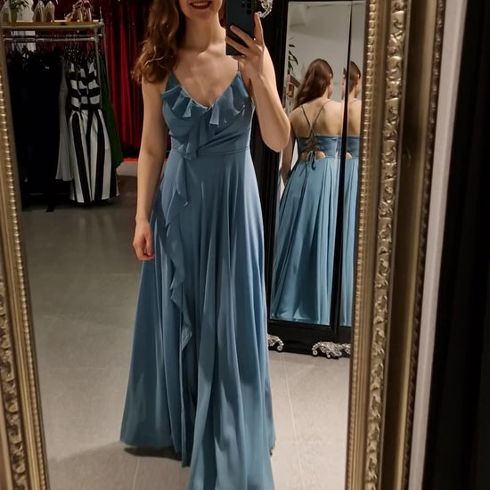 Festliches Volantkleid mit Schnürung und Schlitz, ozeanwelle - Dein Kleiderladen