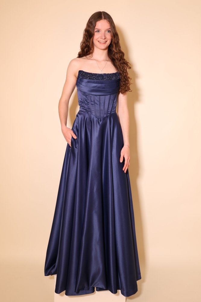 Satin - Abendkleid mit Corsage, Paillettenborte & Rückenschnürung, dunkelblau - Dein Kleiderladen