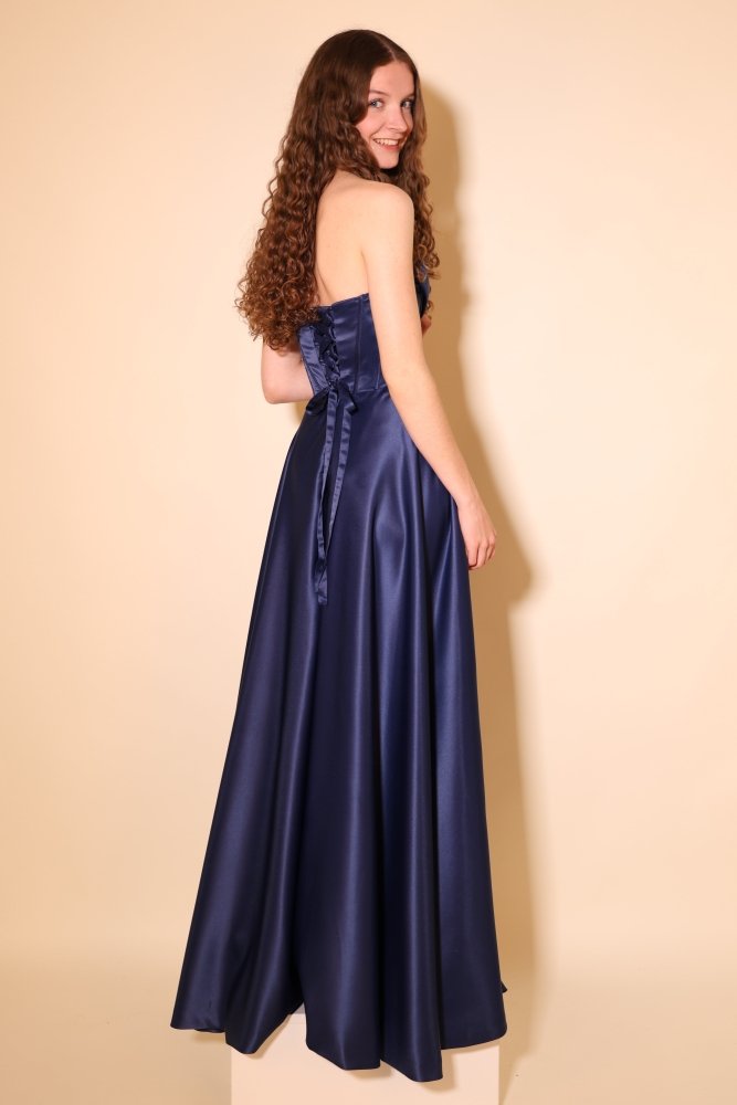 Satin - Abendkleid mit Corsage, Paillettenborte & Rückenschnürung, dunkelblau - Dein Kleiderladen
