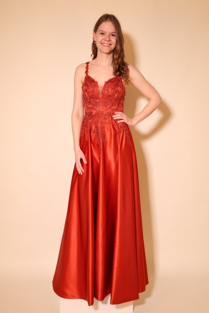 Satin - Ballkleid mit floraler Spitze & Rückenschnürung, terracotta - Dein Kleiderladen