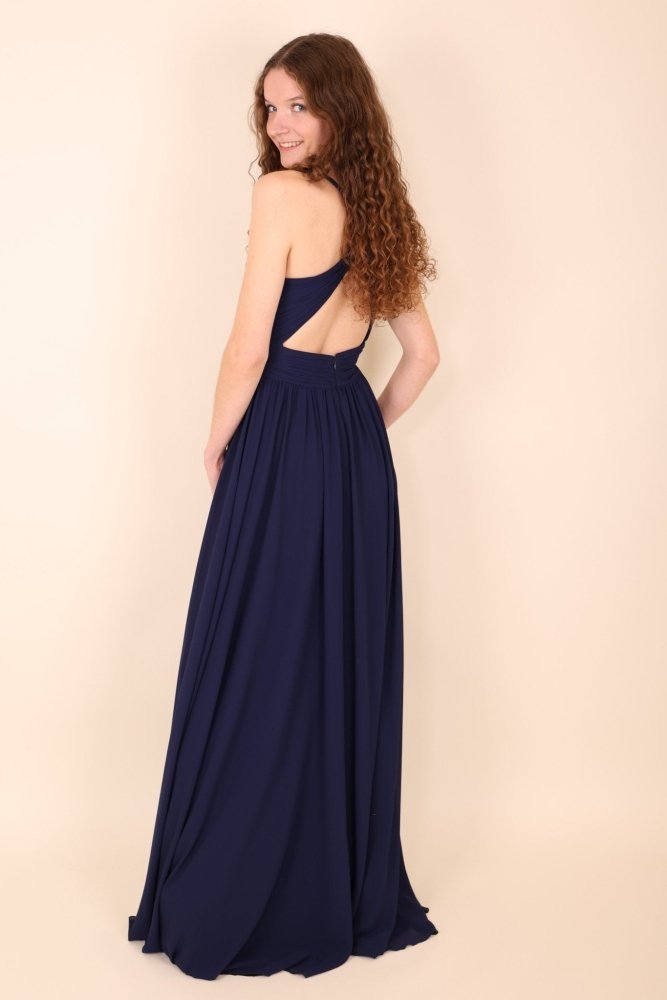 Schlichtes Abendkleid mit Raffungen und V-Ausschnitt, dunkelblau - Dein Kleiderladen