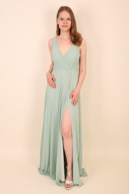 Schlichtes Abendkleid mit V - Ausschnitt & Beinschlitz, mint - Dein Kleiderladen