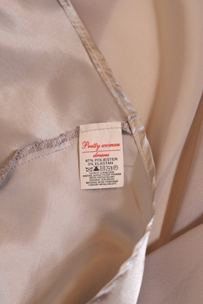 Second Hand Abendkleid mit tiefem Rückenausschnitt und verschnörkelter Spitze, hellgrau - Dein Kleiderladen