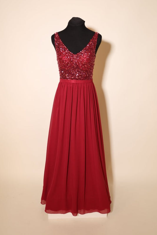 Second Hand Chiffonabendkleid mit funkelnden Glitzersteinen, dunkelrot - Dein Kleiderladen
